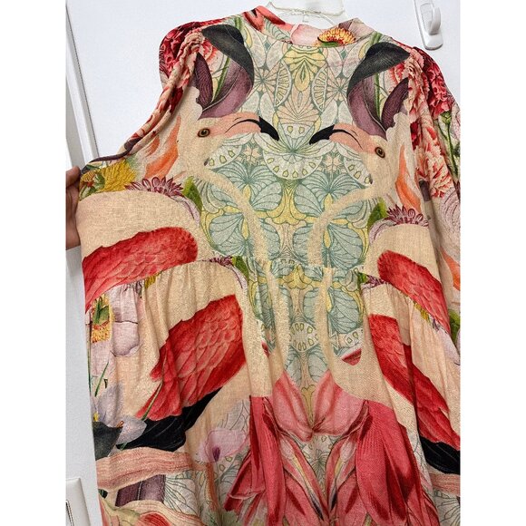 Carolina K Flamingo Bird Print Midi Shirt Dress Floral Tropical Red Linen L - Picture 11 of 13